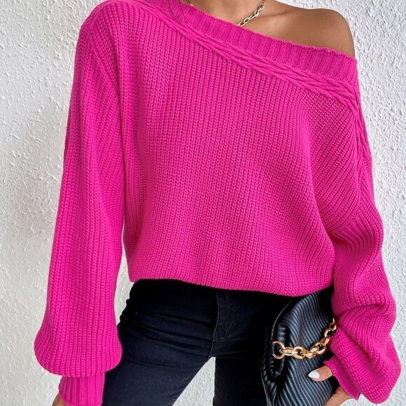Pink Casual Womens Solid Drop Shoulder Sweater - Picture 3 of 5